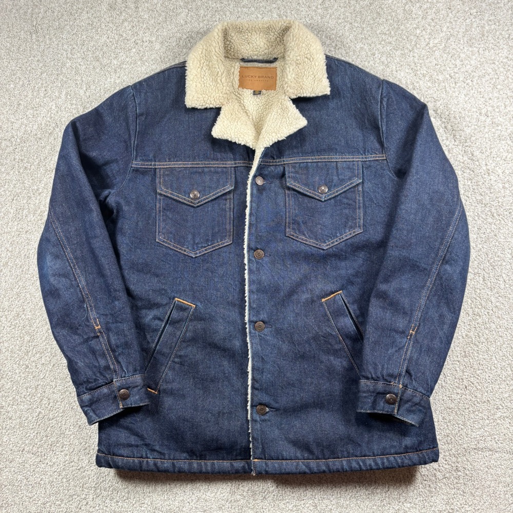 Lucky Brand Denim Jacket Mens M Blue Sherpa Lined Trucker Faux Fur Coat